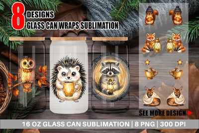 Glass Can Autumn Ember Hygge Animal Watercolor Sublimation artnoy 