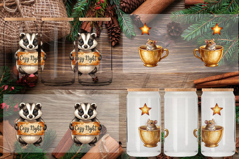 Glass Can Autumn Ember Hygge Animal Watercolor Sublimation artnoy 