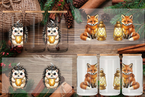 Glass Can Autumn Ember Hygge Animal Watercolor Sublimation artnoy 