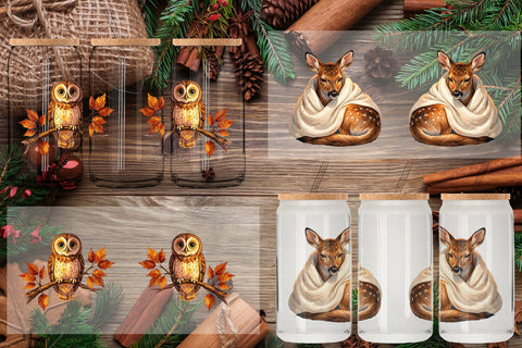 Glass Can Autumn Ember Hygge Animal Watercolor Sublimation artnoy 