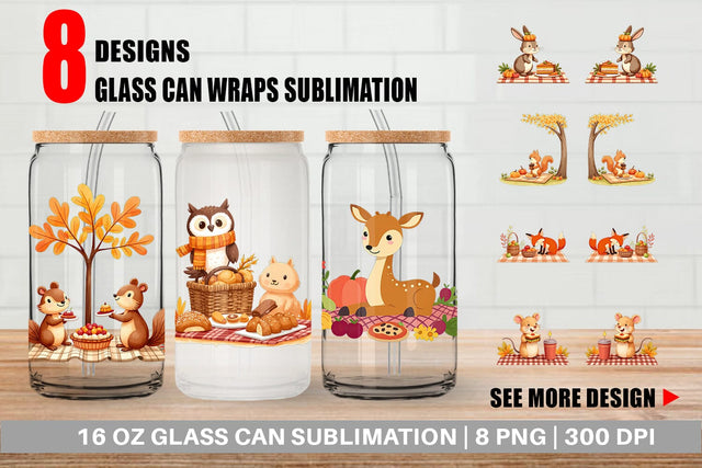 Glass Can Autumn Picnic Animals Sublimation artnoy 