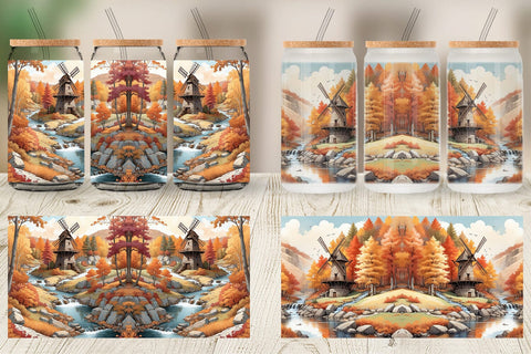 Glass Can Autumn Windmill Landscape Sublimation artnoy 