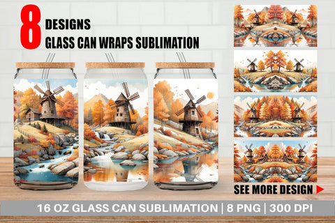 Glass Can Autumn Windmill Landscape Sublimation artnoy 