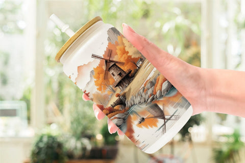 Glass Can Autumn Windmill Landscape Sublimation artnoy 