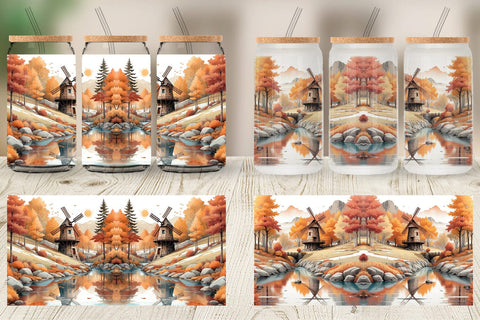 Glass Can Autumn Windmill Landscape Sublimation artnoy 