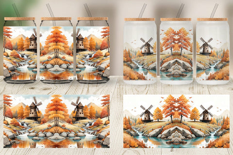 Glass Can Autumn Windmill Landscape Sublimation artnoy 
