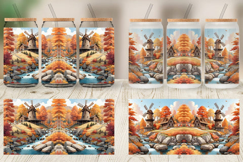 Glass Can Autumn Windmill Landscape Sublimation artnoy 