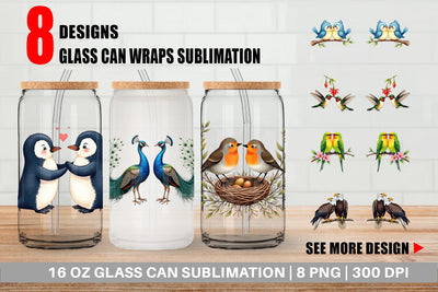 Glass Can Avian Affection Watercolor Bird Couples Sublimation artnoy 