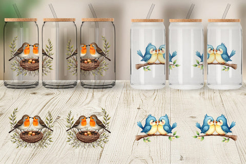 Glass Can Avian Affection Watercolor Bird Couples Sublimation artnoy 