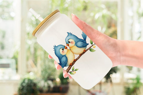 Glass Can Avian Affection Watercolor Bird Couples Sublimation artnoy 