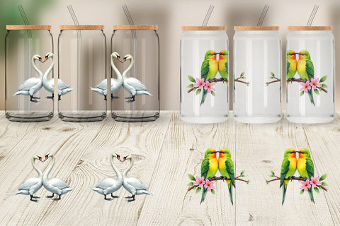 Glass Can Avian Affection Watercolor Bird Couples Sublimation artnoy 