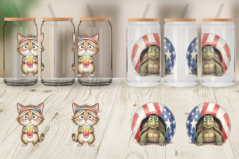 Glass Can Awkward Patriotic Animals Watercolor Sublimation artnoy 