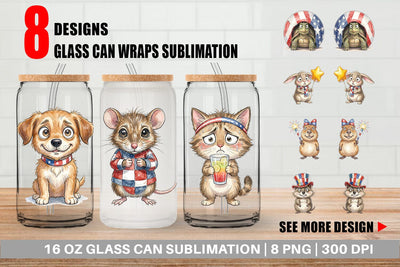 Glass Can Awkward Patriotic Animals Watercolor Sublimation artnoy 