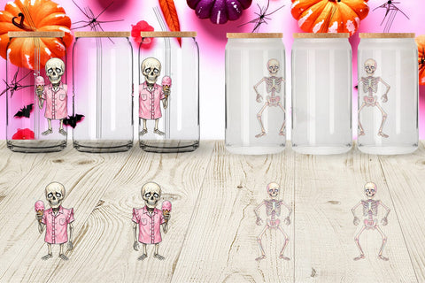 Glass Can Awkward Pink Skeleton Retro Watercolor Sublimation artnoy 