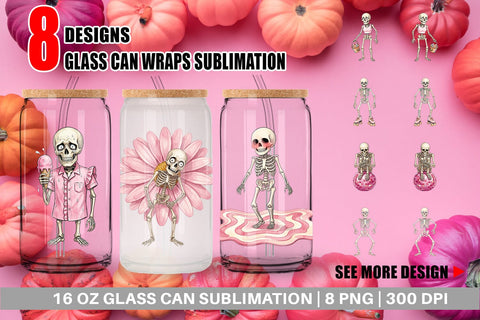 Glass Can Awkward Pink Skeleton Retro Watercolor Sublimation artnoy 