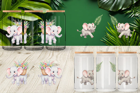 Glass Can Baby Elephant Floral Parade Watercolor Sublimation artnoy 