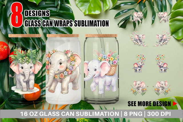 Glass Can Baby Elephant Floral Parade Watercolor Sublimation artnoy 