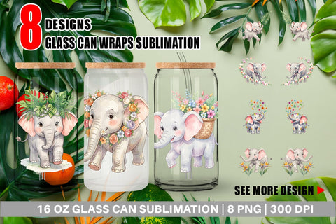 Glass Can Baby Elephant Floral Parade Watercolor Sublimation artnoy 