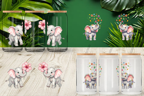 Glass Can Baby Elephant Floral Parade Watercolor Sublimation artnoy 
