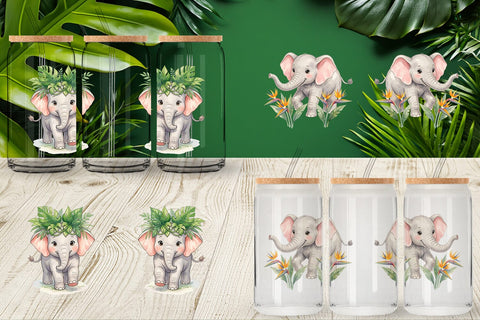Glass Can Baby Elephant Floral Parade Watercolor Sublimation artnoy 