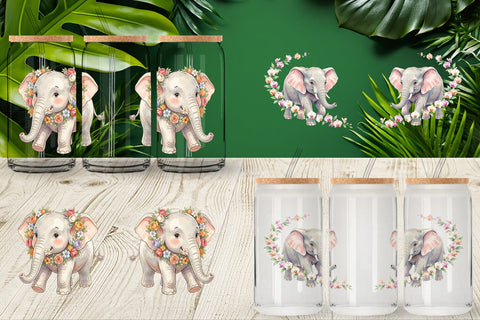 Glass Can Baby Elephant Floral Parade Watercolor Sublimation artnoy 
