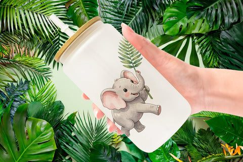 Glass Can Baby Elephant Floral Parade Watercolor Sublimation artnoy 