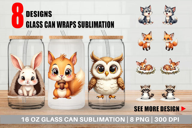 Glass Can Baby Forest Animals Winter Watercolor Sublimation artnoy 
