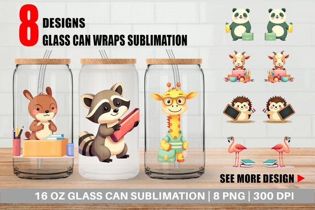 Glass Can Back to School Animals Sublimation artnoy 