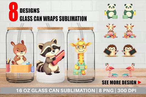 Glass Can Back to School Animals Sublimation artnoy 