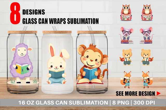 Glass Can Back to School Animals Sublimation artnoy 