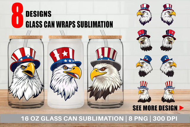 Glass Can Bald Eagle Patriotic Sublimation artnoy 