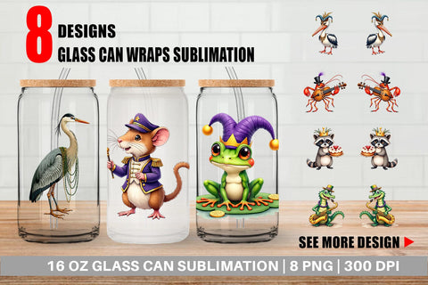 Glass Can Bayou Jazz Mardi Gras Animals Watercolor Sublimation artnoy 