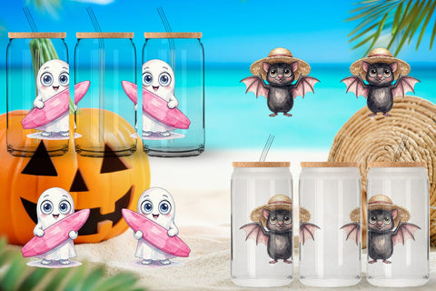 Glass Can Beach Boo Bash Summerween Watercolor Sublimation artnoy 