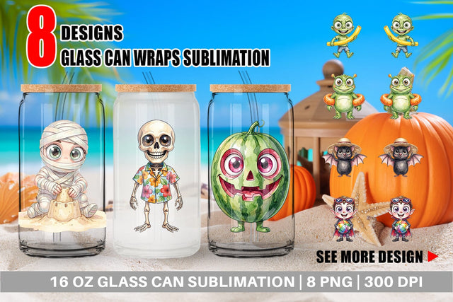 Glass Can Beach Boo Bash Summerween Watercolor Sublimation artnoy 