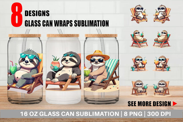 Glass Can Beach Bum Sloth Sublimation artnoy 