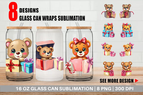 Glass Can Bear Cub Gift Sublimation artnoy 