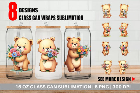 Glass Can Bear Spring Bouquet Sublimation artnoy 