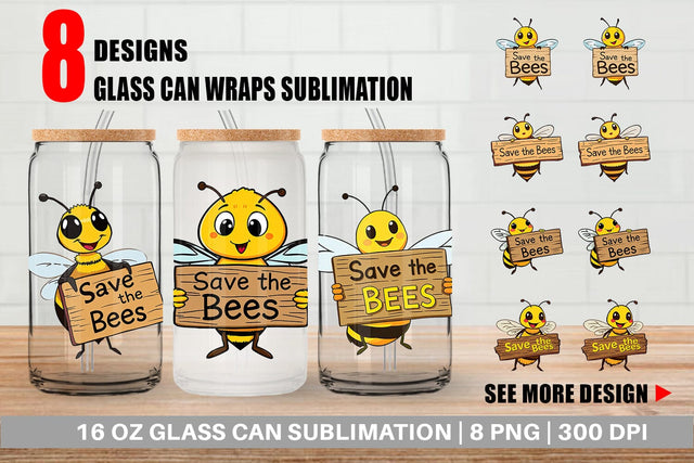 Glass Can Bee Holding Sign Sublimation artnoy 