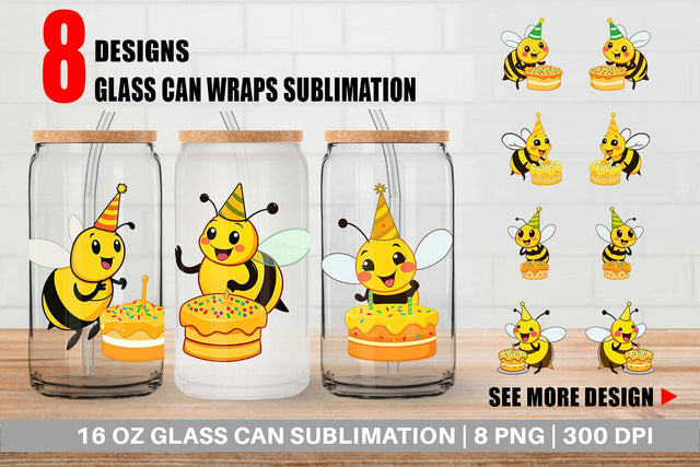 Glass Can Bee with Birthday Cake Sublimation artnoy 