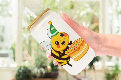 Glass Can Bee with Birthday Cake Sublimation artnoy 