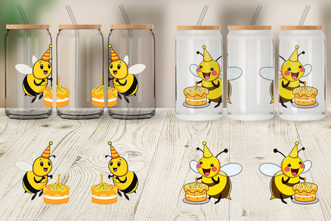 Glass Can Bee with Birthday Cake Sublimation artnoy 