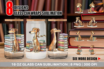 Glass Can Bibliophile Dog Book Stack Watercolor Sublimation artnoy 