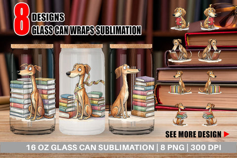 Glass Can Bibliophile Dog Book Stack Watercolor Sublimation artnoy 