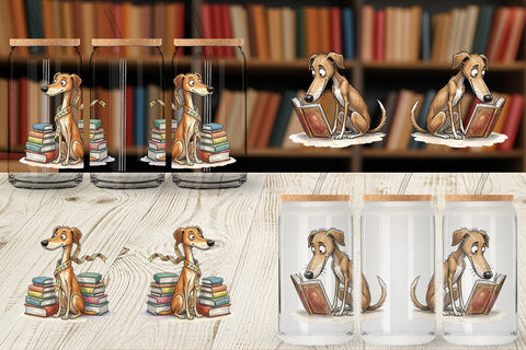 Glass Can Bibliophile Dog Book Stack Watercolor Sublimation artnoy 