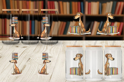 Glass Can Bibliophile Dog Book Stack Watercolor Sublimation artnoy 