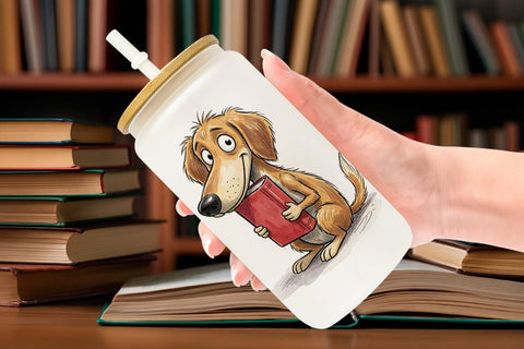 Glass Can Bibliophile Dog Book Stack Watercolor Sublimation artnoy 