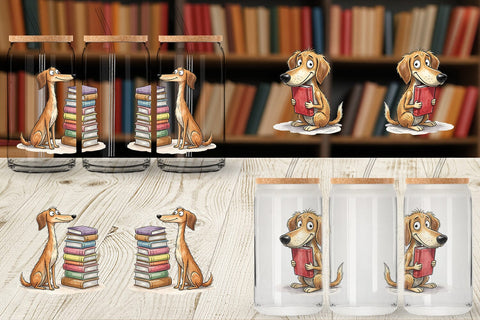 Glass Can Bibliophile Dog Book Stack Watercolor Sublimation artnoy 