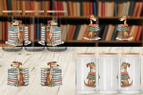 Glass Can Bibliophile Dog Book Stack Watercolor Sublimation artnoy 