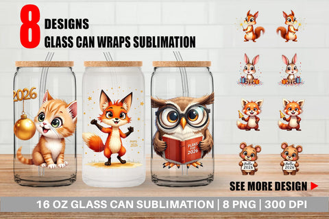 Glass Can Big-Eyed New Year's Animal Party 2026 Sublimation artnoy 