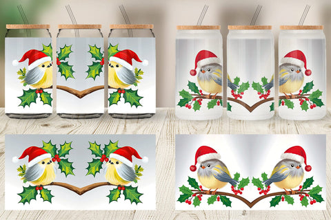 Glass Can Bird on Holly Branch Sublimation artnoy 